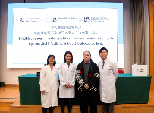 The HKUMed team conducted a thorough examination of 40 blood samples from T2D patients at Queen Mary Hospital, which revealed a notable 40% decrease in functionality of Th1 cells derived from PC-T2D patients. The research involved further animal experimentation to identify the mechanistic link. (From left) Professor Kathryn Tan Choon-beng, Professor Heidi Ling Guangsheng, T2D patient Mr Kwok, and Dr Paul Lee Chi-ho.
 